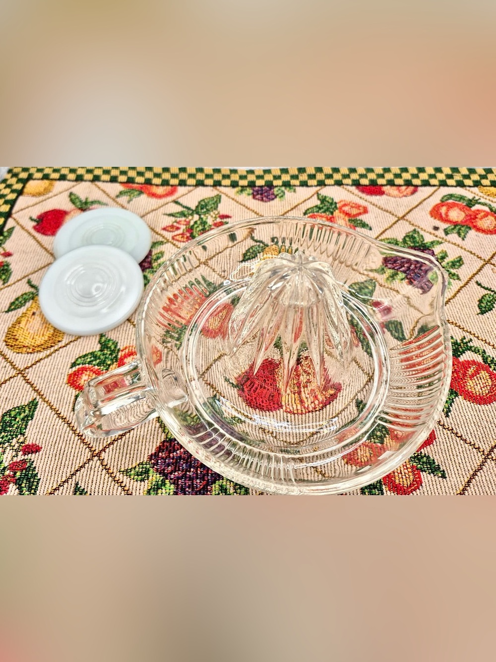 Vintage Big Glass Citrus Juicer Clear Ribbed Reamer + 3 Milk Glass Canning Lids